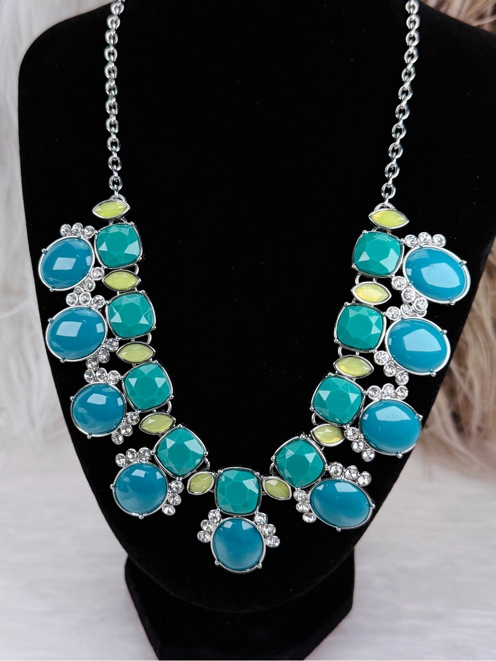Lia Sophia Teal Blue Lime Silver Tone Statement Bib Necklace Weighted
